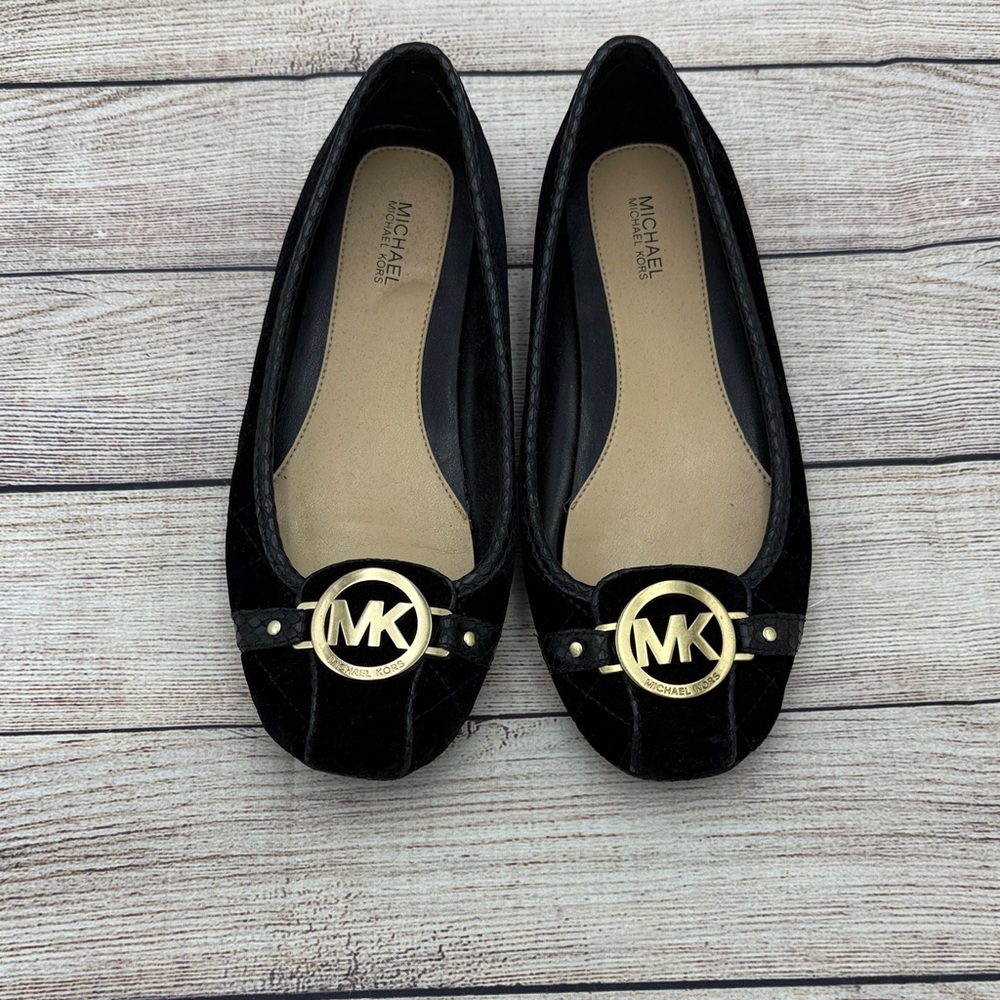 MICHAEL Michael Kors Black Flats with Gold Logo